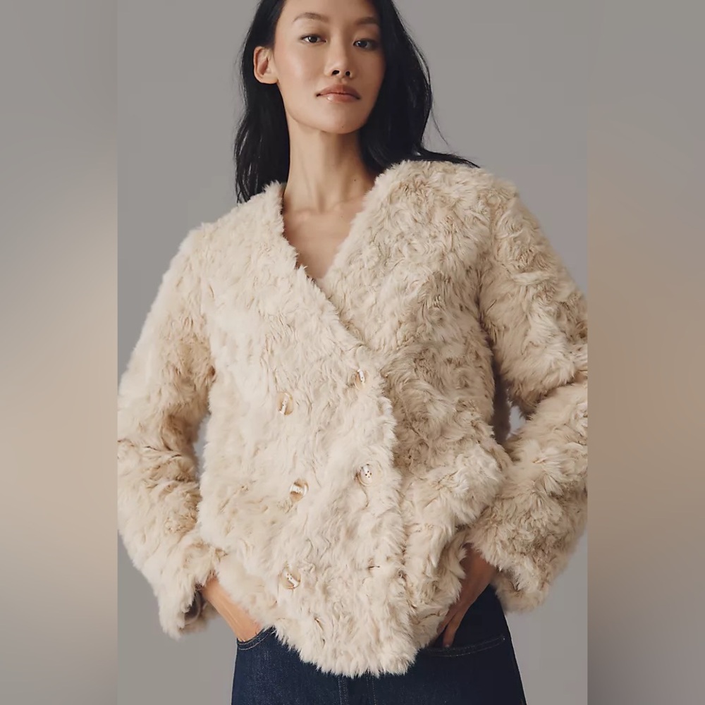 NWT / Anthology/Maeve ~Faux Fur Collarless Double-Breasted Jacket / Size XL